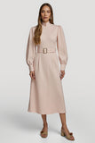 Grey Pink High Neck Pencil Satin Midi Work Dress with Belts