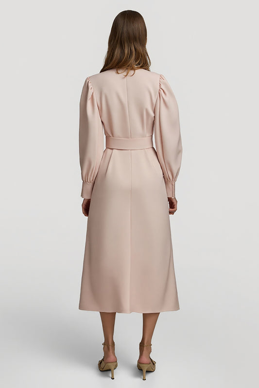 Grey Pink High Neck Pencil Satin Midi Work Dress with Belts