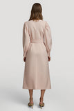Grey Pink High Neck Pencil Satin Midi Work Dress with Belts