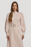 Grey Pink High Neck Pencil Satin Midi Work Dress with Belts