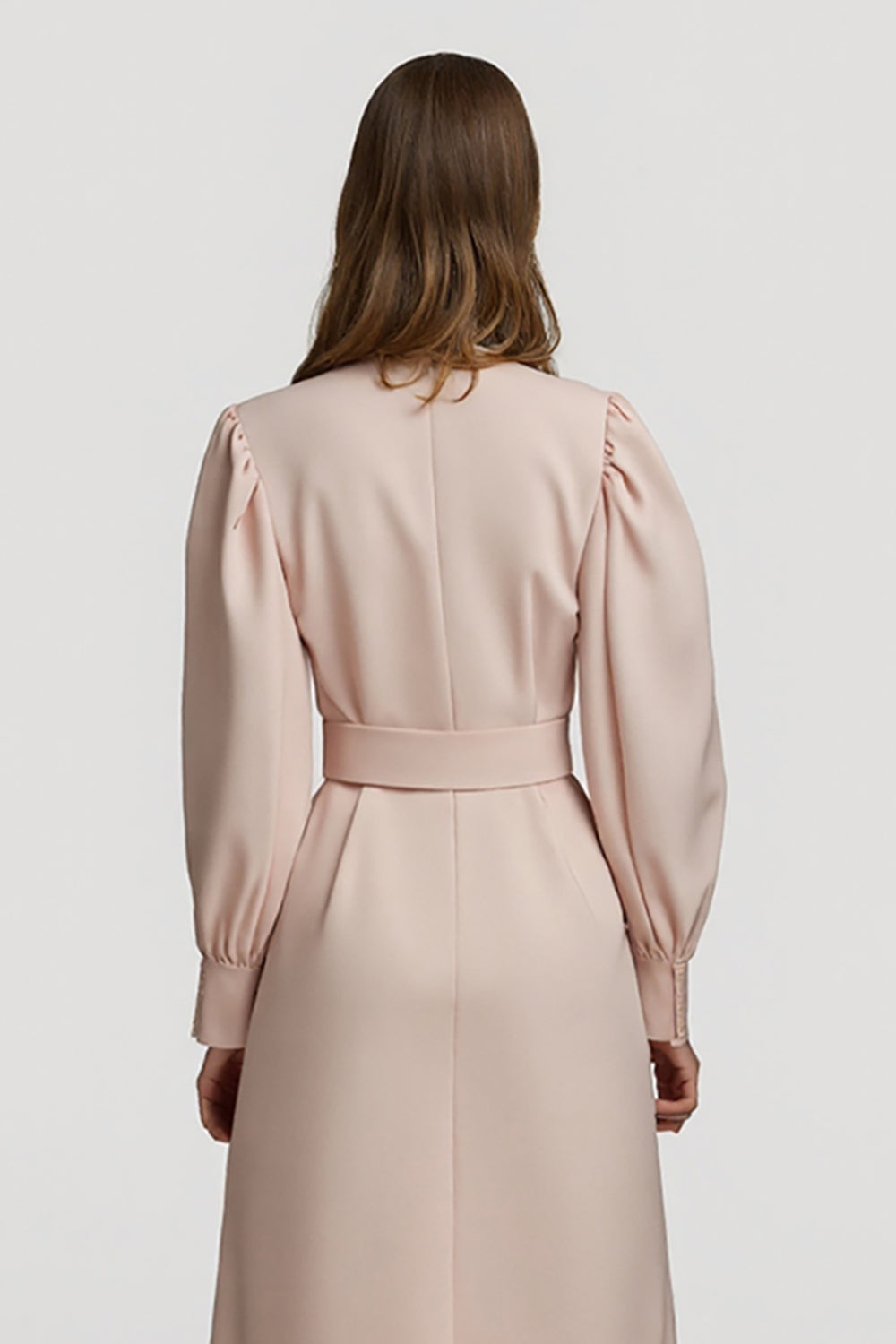 Grey Pink High Neck Pencil Satin Midi Work Dress with Belts