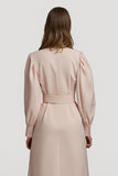 Grey Pink High Neck Pencil Satin Midi Work Dress with Belts