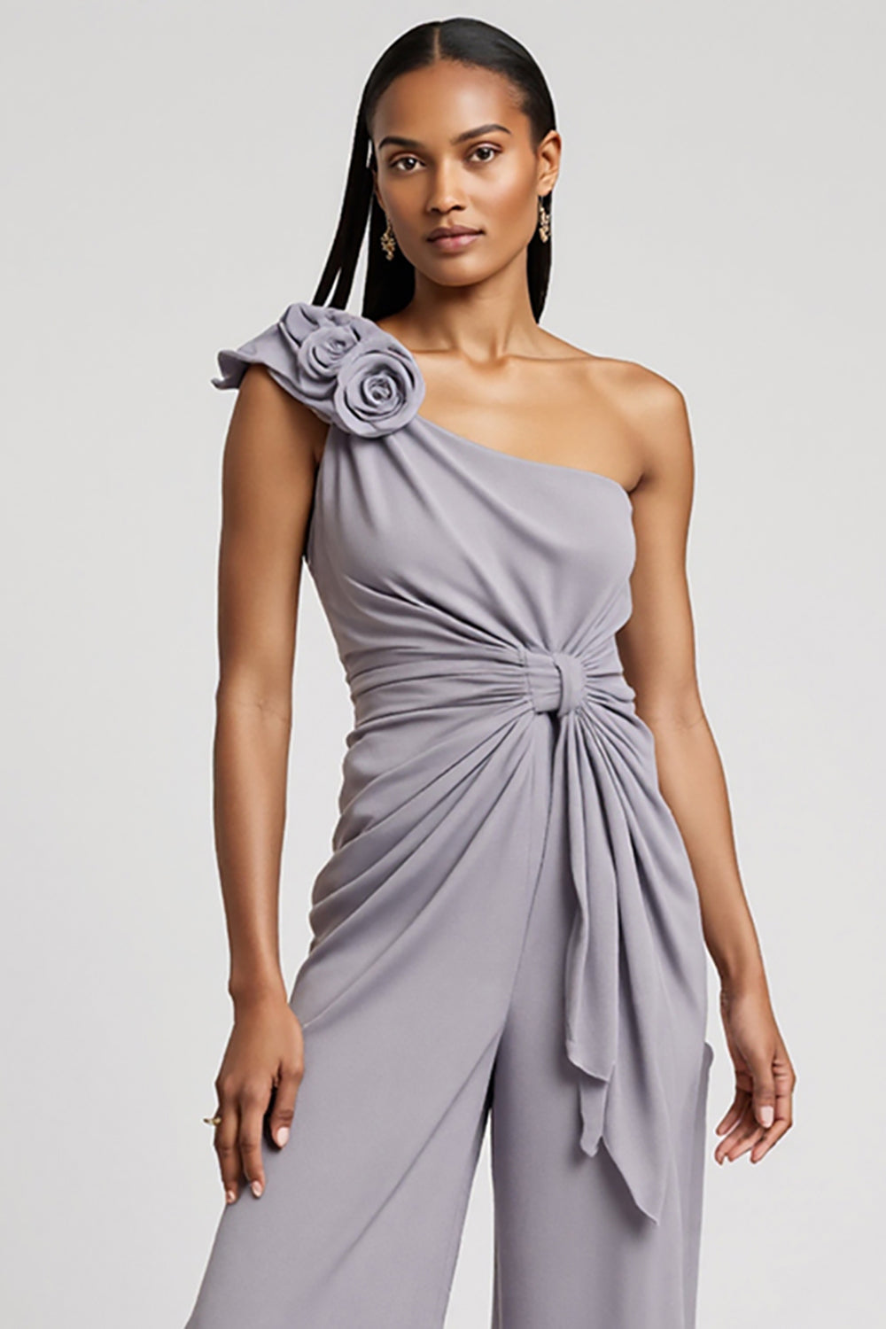 Grey Purple One Shoulder Ruched Work Jumpsuits with 3D Flowers