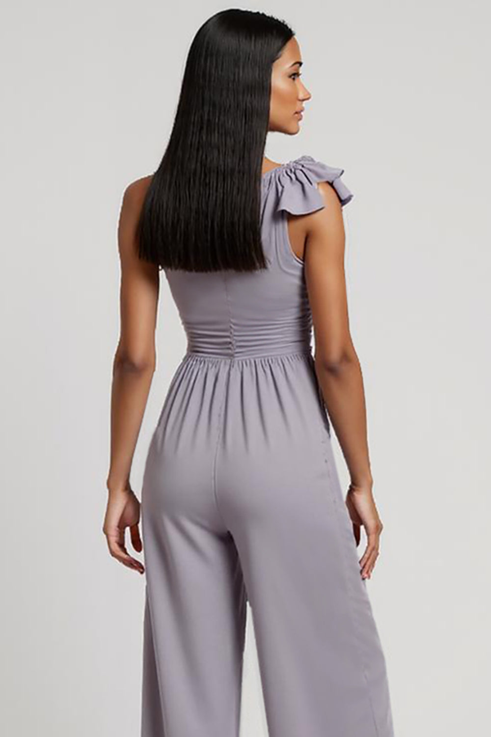 Grey Purple One Shoulder Ruched Work Jumpsuits with 3D Flowers