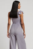 Grey Purple One Shoulder Ruched Work Jumpsuits with 3D Flowers