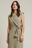 Grey Green Shawl Lapel Pencil Midi Work Dress with Sash