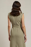 Grey Green Shawl Lapel Pencil Midi Work Dress with Sash