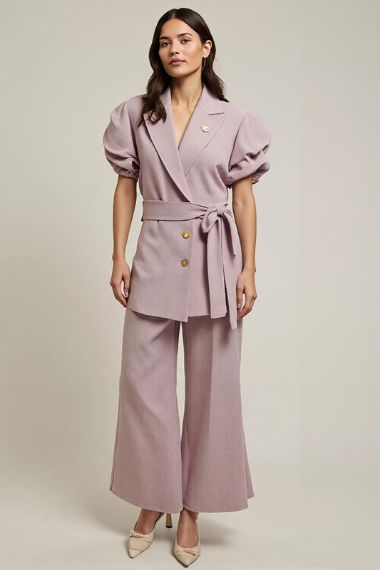 Grey Pink Notched Lapel 2 Piece Business Suits with Sleeves