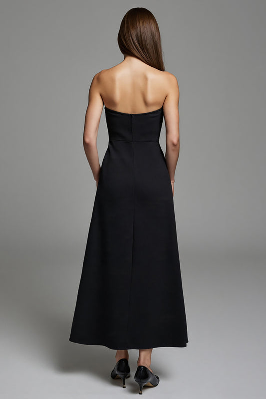Black Strapless A Line Keyhole Long Work Dress