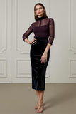 Dark Purple High Neck Pencil 2 Piece Blouses and Velvet Skirt