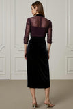 Dark Purple High Neck Pencil 2 Piece Blouses and Velvet Skirt