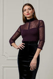 Dark Purple High Neck Pencil 2 Piece Blouses and Velvet Skirt