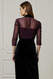 Dark Purple High Neck Pencil 2 Piece Blouses and Velvet Skirt