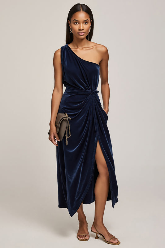 Navy Velvet One Shoulder Ruched Midi Holiday Party Dress with Slit