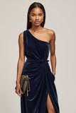 Navy Velvet One Shoulder Ruched Midi Holiday Party Dress with Slit