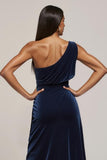 Navy Velvet One Shoulder Ruched Midi Holiday Party Dress with Slit