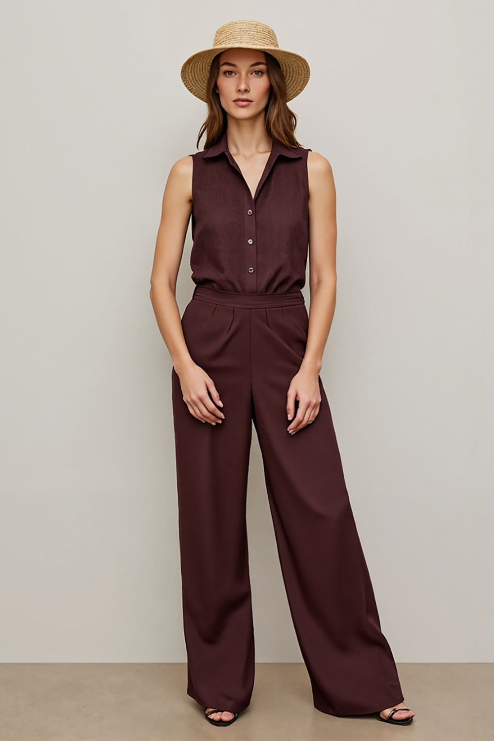 Coffee Collar Neck Shirt Buttons Work Jumpsuits