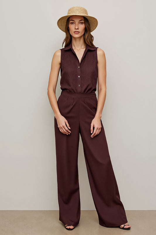 Coffee Collar Neck Shirt Buttons Work Jumpsuits
