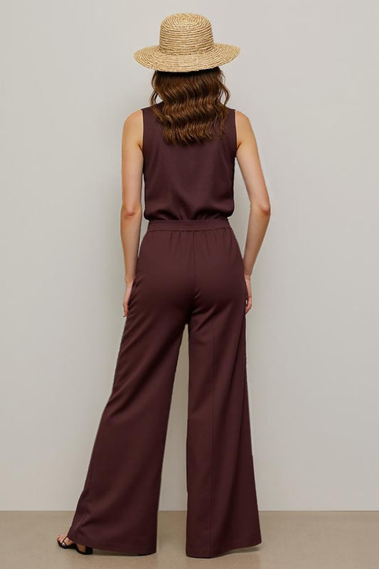 Coffee Collar Neck Shirt Buttons Work Jumpsuits