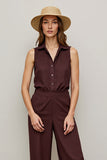 Coffee Collar Neck Shirt Buttons Work Jumpsuits