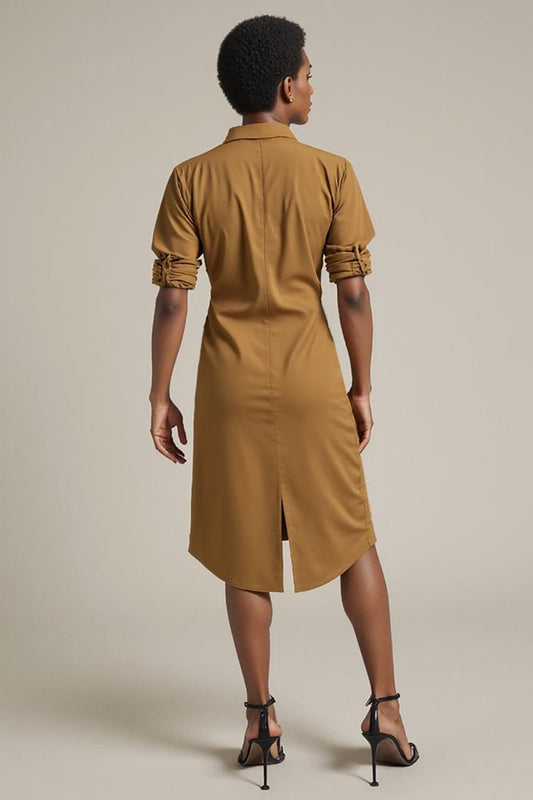 Yellow Collar Neck Pencil Midi Work Dress with Sleeves