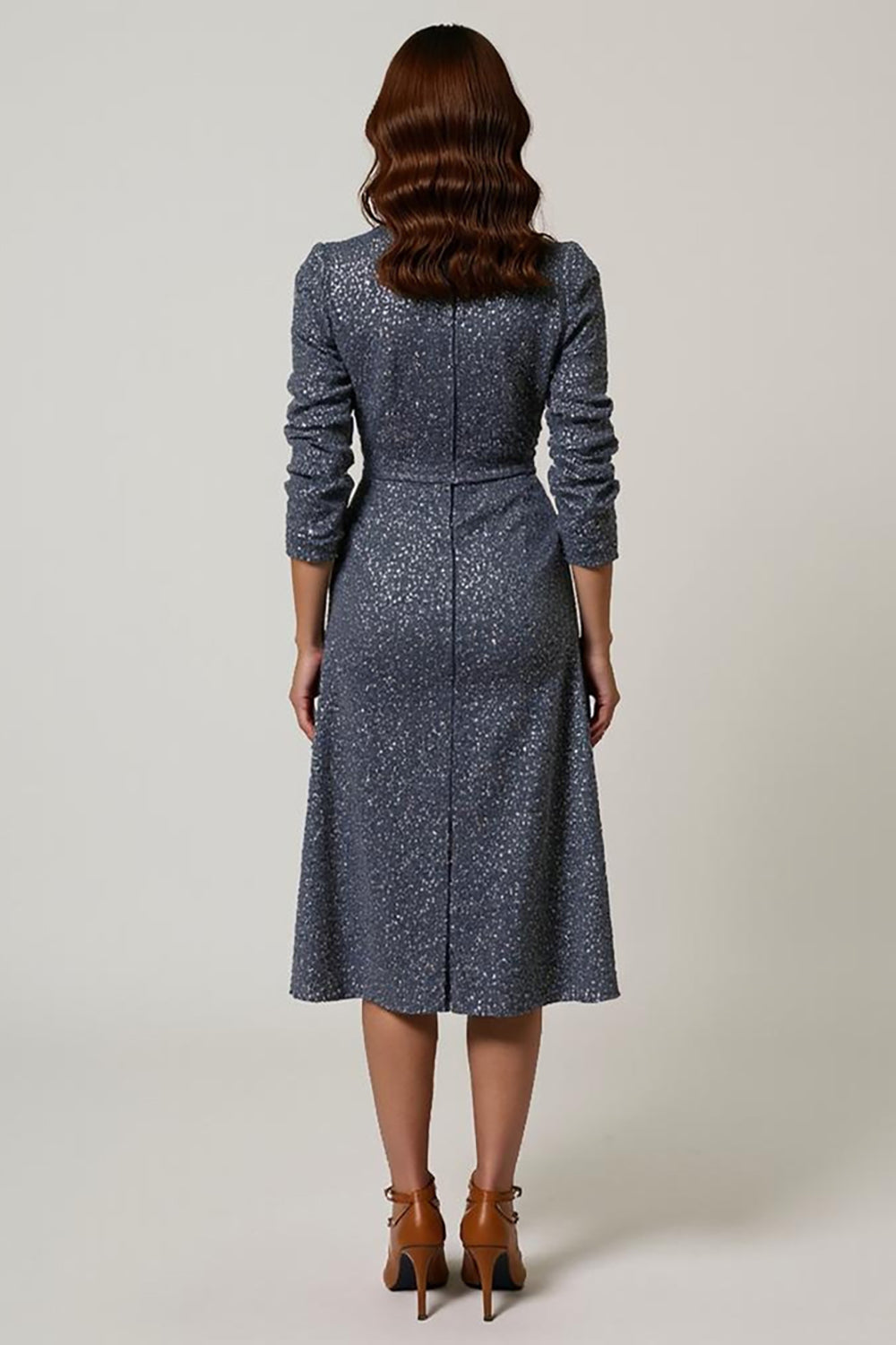 Sparkly Grey Blue Sequins V-Neck Midi Holiday Party Dress with Sleeves