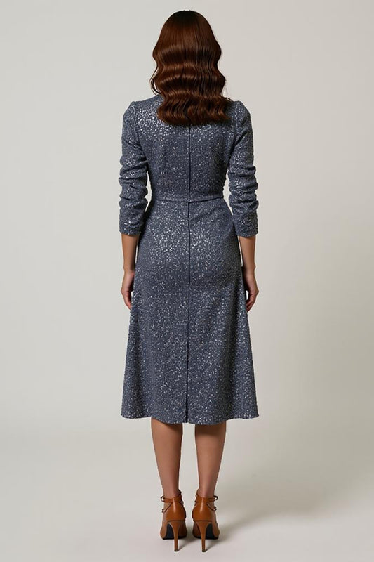 Sparkly Grey Blue Sequins V-Neck Midi Holiday Party Dress with Sleeves