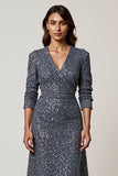 Sparkly Grey Blue Sequins V-Neck Midi Holiday Party Dress with Sleeves