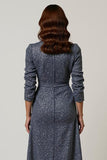 Sparkly Grey Blue Sequins V-Neck Midi Holiday Party Dress with Sleeves