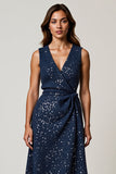 Sparkly Navy V-Neck Ruched A-Line Midi Holiday Party Dress