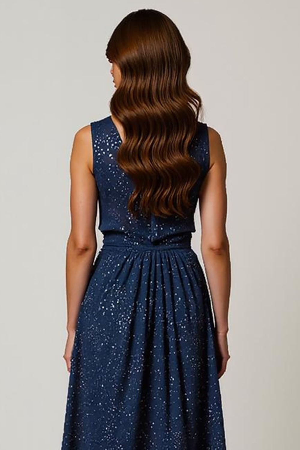 Sparkly Navy V-Neck Ruched A-Line Midi Holiday Party Dress