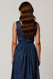 Sparkly Navy V-Neck Ruched A-Line Midi Holiday Party Dress