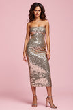Sparkly Golden Strapless Sequins Midi Bodycon Holiday Party Dress