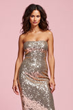 Sparkly Golden Strapless Sequins Midi Bodycon Holiday Party Dress