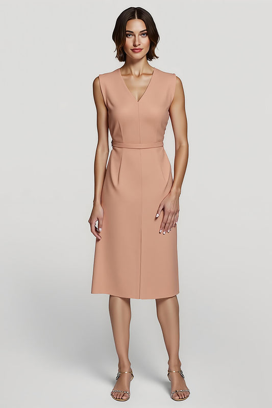 Simple Orange Satin Pencil V-Neck Midi Work Dress