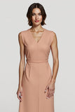 Simple Orange Satin Pencil V-Neck Midi Work Dress