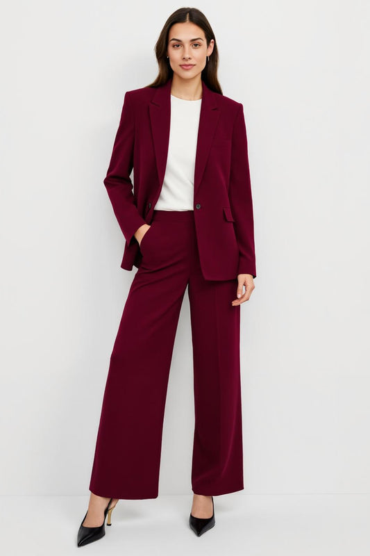 Burgundy Satin 2 Piece Notched Lapel One Button Business Suits