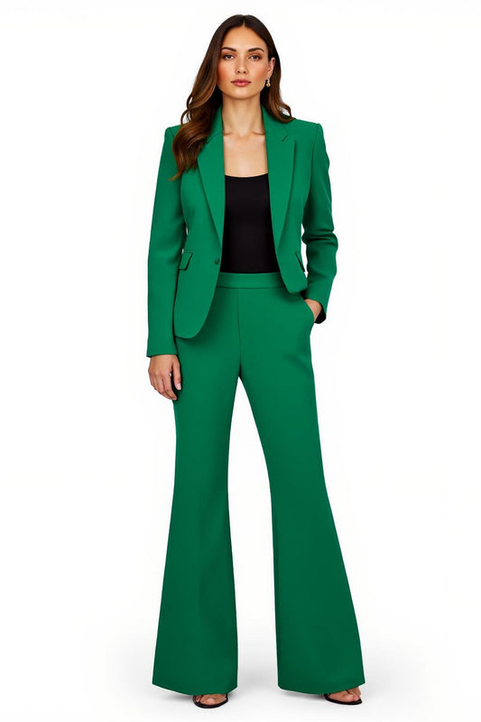 Dark Green Satin Flare Leg 2 Piece Peak Lapel Prom Suits with Pockets