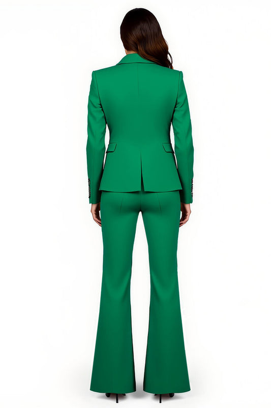 Dark Green Satin Flare Leg 2 Piece Peak Lapel Prom Suits with Pockets