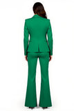 Dark Green Satin Flare Leg 2 Piece Peak Lapel Prom Suits with Pockets