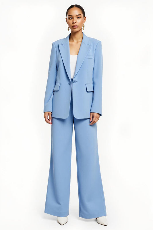 Blue Satin 2 Piece Peak Lapel One Button Business Suits with Sleeves