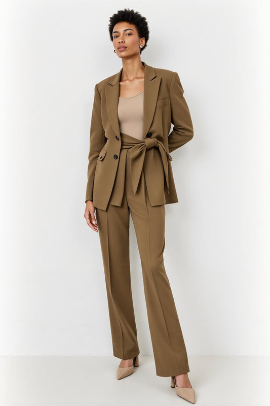 Brown 2 Piece Peak Lapel Satin Business Suits with Bow
