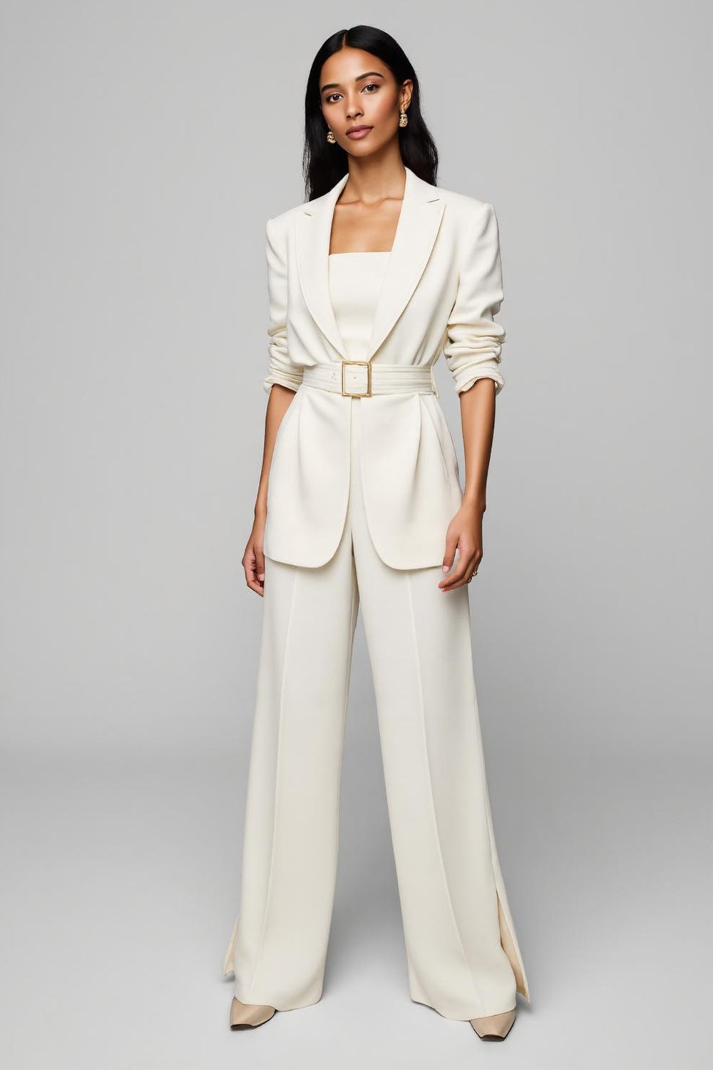 Ivory 2 Piece Peak Lapel Wide Leg Business Suits with Belt