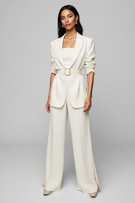 Ivory 2 Piece Peak Lapel Wide Leg Business Suits with Belt