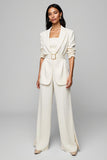 Ivory 2 Piece Peak Lapel Wide Leg Business Suits with Belt