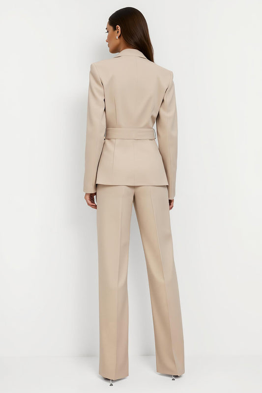 2 Piece Notched Lapel Apricot Long Sleeves Business Suits with Belt