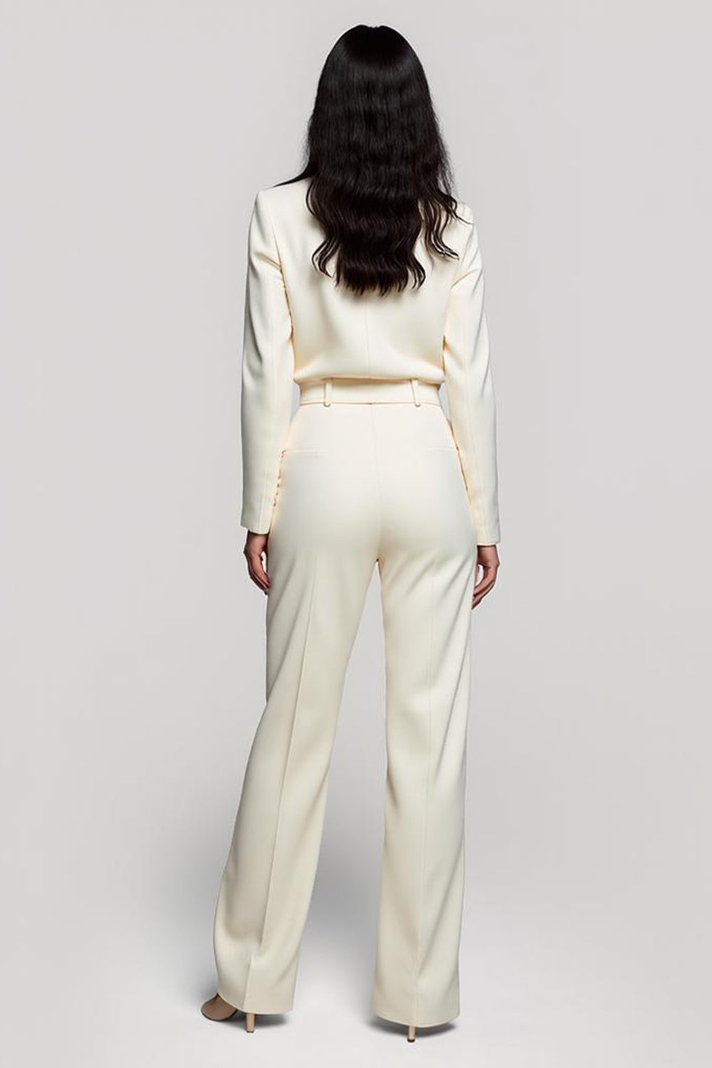 Ivory One Piece Shawl Lapel Long Sleeves Work Jumpsuits with Belt