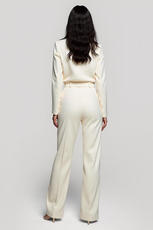 Ivory One Piece Shawl Lapel Long Sleeves Work Jumpsuits with Belt
