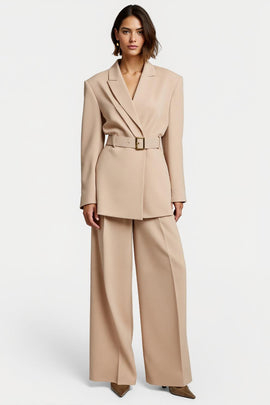 Apricot Wide Leg 2 Piece Peak Lapel Business Suits with Belt