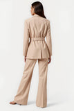 2 Piece Apricot Long Sleeves Notched Lapel Business Suits with Belt